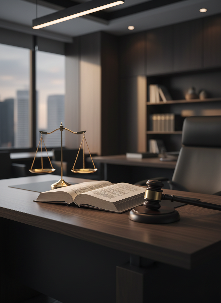 A professional legal-themed image for a lawyer or legal professional's about page. A sleek, modern law office setting with a wooden desk, an open law book, a balanced scale of justice in polished brass, and a gavel. Soft, warm lighting creating an atmosphere of trust and authority. Clean, minimalist composition. Professional and sophisticated style, dark tones with gold accents.