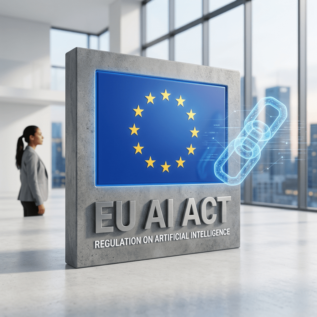 Sign reading “EU AI ACT” and “REGULATION ON ARTIFICIAL INTELLIGENCE” with EU stars and chain link