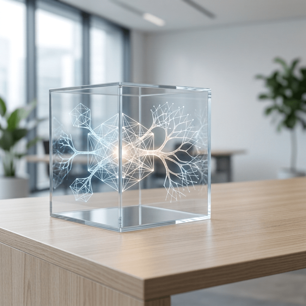 Transparent neural network sculpture beside tablet reading “EVOLUTIONARY ARTIFICIAL INTELLIGENCE”